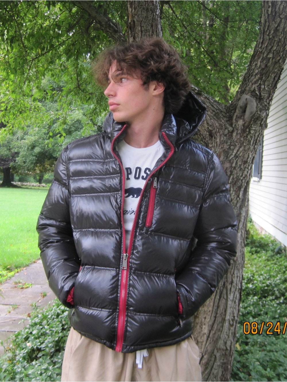 Men's Guess Black Puffer Jacket with Red Trim